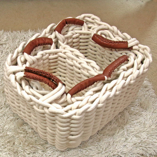 Homedude Handmade Cotton Rope Basket Set with Genuine Leather Accents (4-Pack) – Premium Artisan Storage Bins for Modern Home Decor and Organization (Pristine White)