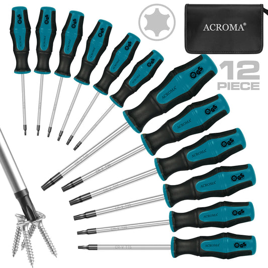 Acroma Pro 12-Piece Magnetic Torx Screwdriver Set, Cr-V Forged DIN Standard Blade with Heavy Duty Non-Slip Grip, 400D Hardcover Nylon Tool Bag - W20012