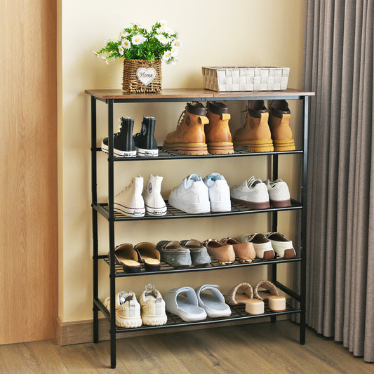 HomeDude Versatile 5-Tier Metal and Wood Shoe Rack - Spacious Storage Organizer for Entryway and Closet, Rustic Brown and Black Finish